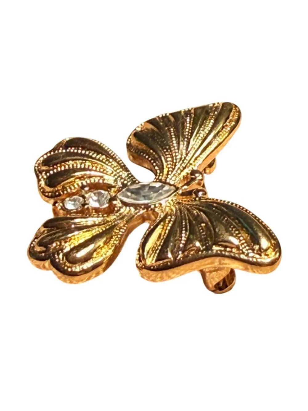 Vintage Monet Gold Tone Butterfly Brooch Clear Rhinestone Signed Romantic Pin